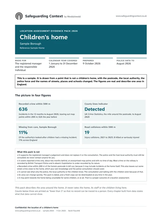 The cover of the Sample Home location assessment evidence pack: the calendar year it covers, who it is made for, and four figures about the area.