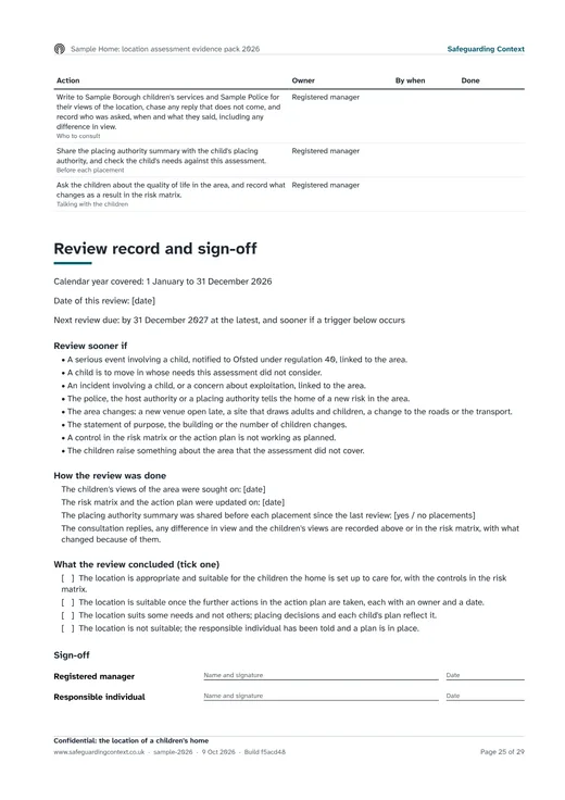 The review record and sign-off page of the Sample Home location assessment evidence pack: the calendar year covered, what brings a review sooner, how the review was done, its conclusion and sign-off by role.