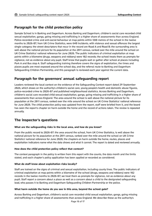 The closing pages of the sample report: the paragraph for the child protection policy, the paragraph for the governors' annual safeguarding report, and the inspector's questions answered.
