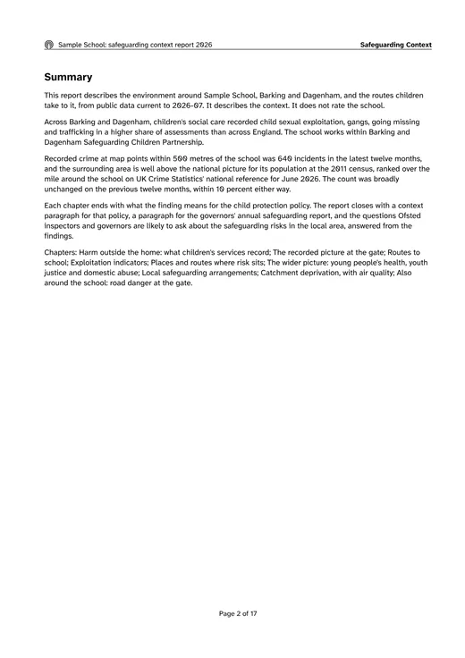 The summary page of the sample report: what children's services record across the authority, the recorded picture at the gate, and the chapters that follow.