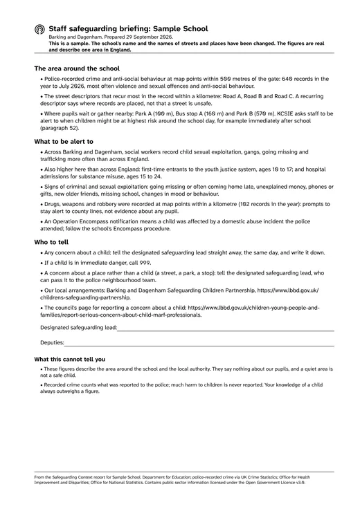 The one-page sample staff safeguarding briefing: the area around the school, what to be alert to, and who to tell.